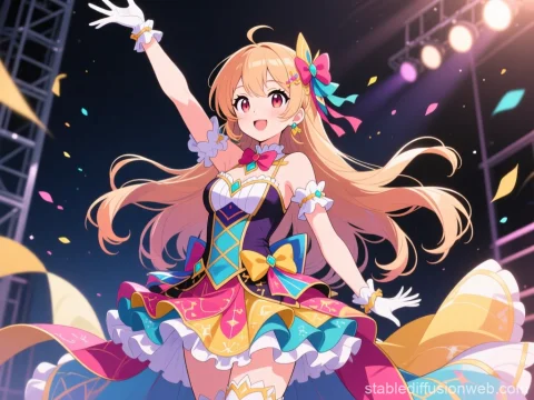 Cheerful Anime Idol on Stage with Colorful Dress