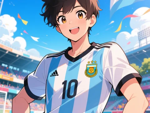 Cheerful Anime Soccer Player in Argentina Jersey