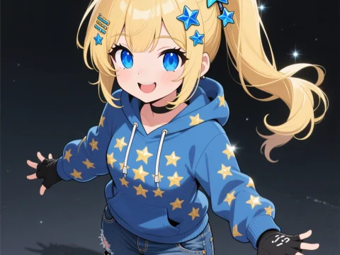Cheerful Blonde Anime Girl with Star-Adorned Hoodie