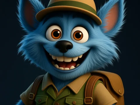 Cheerful Blue Cartoon Fox Traveler with Backpack