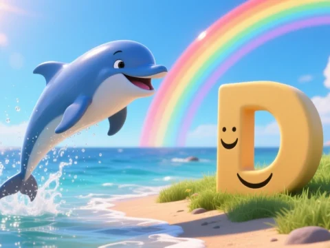 Cheerful Blue Dolphin Leaping by Smiling Letter D on Beach