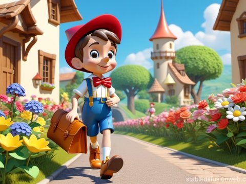 Cheerful Boy Walking Through a Colorful Village