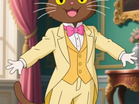 Cheerful Brown Anime Cat in Elegant Yellow Suit and Top Hat