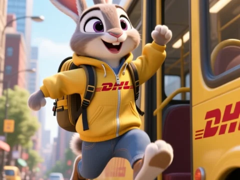 Cheerful Bunny Jumping onto a Yellow Bus