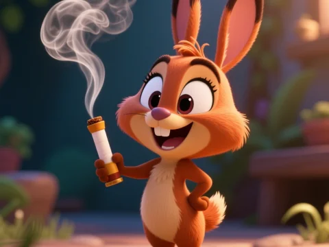 Cheerful Cartoon Bunny Holding a Smoking Object