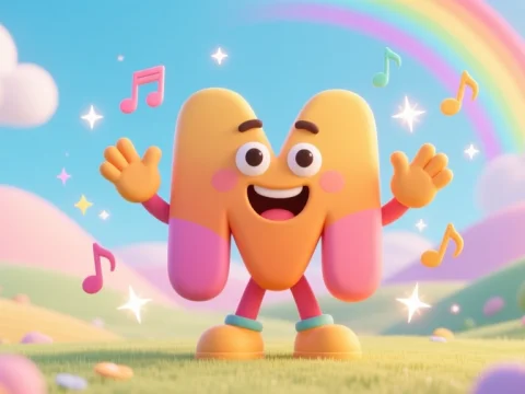 Cheerful Cartoon Letter M Clapping with Musical Notes