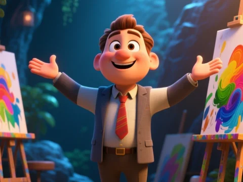 Cheerful Cartoon Man Welcoming with Open Arms in Art Studio