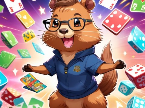 Cheerful Cartoon Rodent with Glasses Surrounded by Cards and Dice