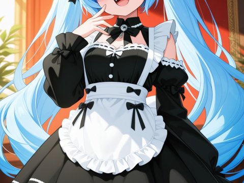 Cheerful Cat Girl Maid with Blue Hair in Classic Outfit