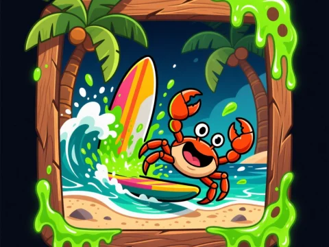 Cheerful Crab Surfing on Tropical Beach