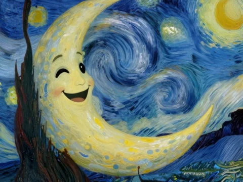 Cheerful Crescent Moon in Starry Night Sky