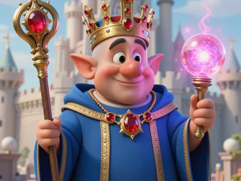Cheerful Dwarf King with Magical Staff in Royal Attire