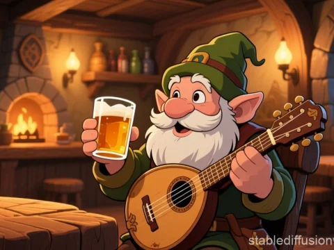 Cheerful Dwarf Musician in Cozy Medieval Tavern