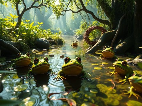 Cheerful Frogs in a Sunlit Forest Stream