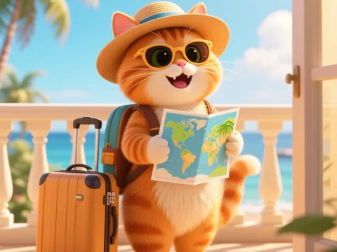 Cheerful Ginger Cat on Vacation with Map and Suitcase