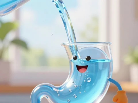 Cheerful Glass Stomach Character Being Filled with Water