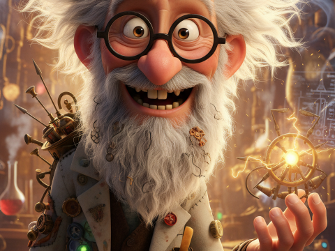 Cheerful Inventor Holding Glowing Mechanical Device