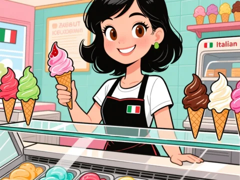 Cheerful Italian Gelato Maker Serving Ice Cream