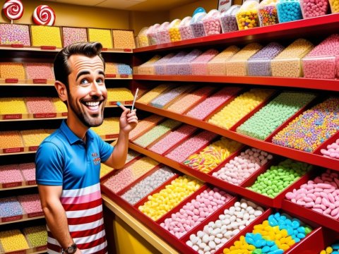 Cheerful Man Choosing Candy in Colorful Sweet Shop