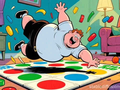 Cheerful Man Falling on Twister Game Mat in Cozy Living Room