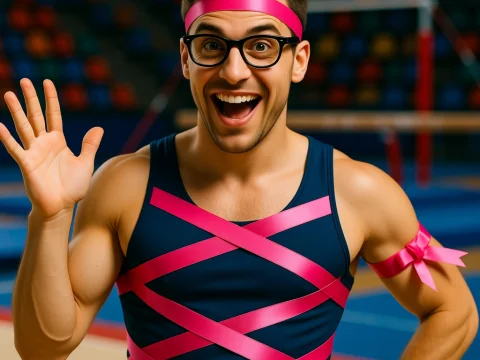 Cheerful Man in Playful Ribbon Outfit Waving