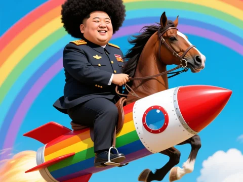 Cheerful man with afro riding horse on rainbow rocket