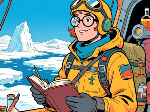 Cheerful Mathematician on Arctic Expedition Taking Notes