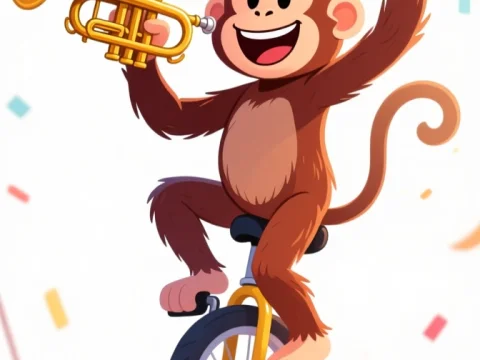 Cheerful Monkey Playing Trumpet on Unicycle