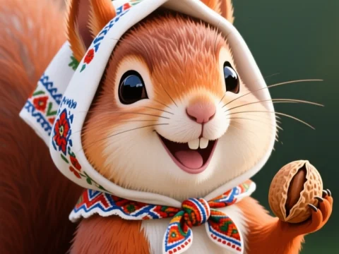 Cheerful Red Squirrel Wearing Traditional Headscarf Holding Walnut