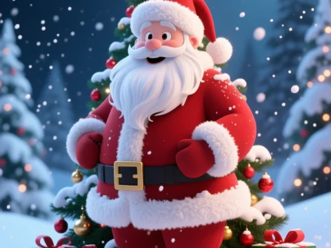 Cheerful Santa Claus with Christmas Tree and Gifts in Snowy Night