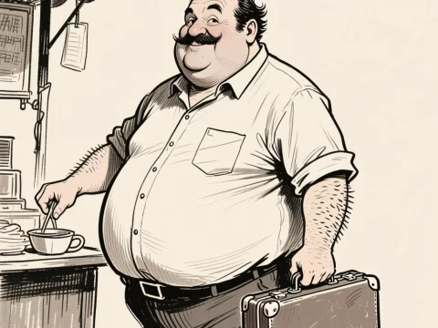 Cheerful Seller Stirring Coffee with Briefcase