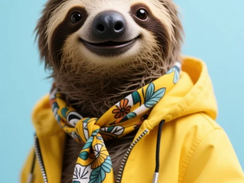 Cheerful Sloth in Yellow Jacket and Floral Scarf
