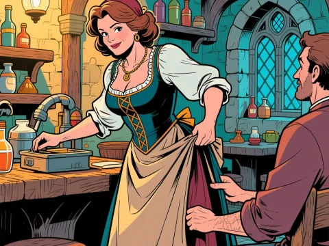 Cheerful Tavern Maid Serving a Customer