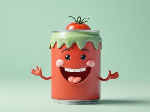 Cheerful Tomato Can Character with Green Drip and Tomato Top