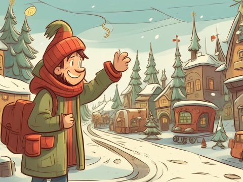 Cheerful Traveller in a Snowy Village