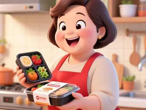 Cheerful Woman Presenting Healthy Meal Box in Kitchen