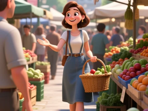 Cheerful Woman Shopping at Farmers Market