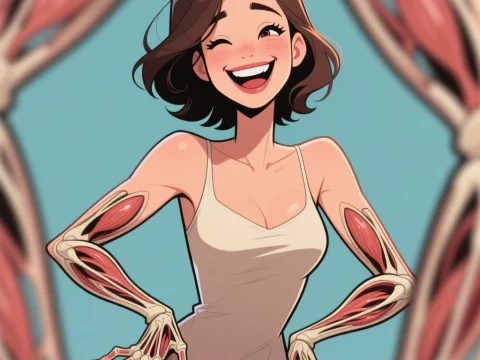 Cheerful Woman with Anatomical Arm Muscles and Bones