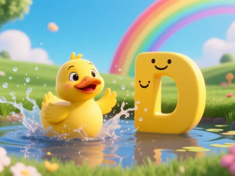 Cheerful Yellow Duck Splashing in Pond with Smiling Letter D