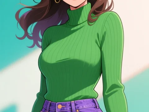 Cheerful Young Woman in Green Sweater and Purple Shorts