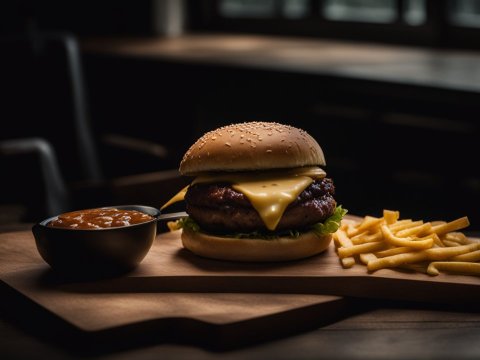 Cheeseburger with Fries and Sauce on Wooden Board
