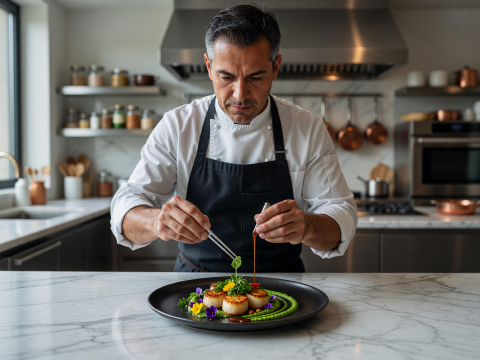 Chef Artfully Plating Gourmet Dish in Modern Kitchen