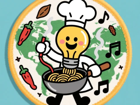 Chef Lightbulb Cooking Spaghetti Patch Design