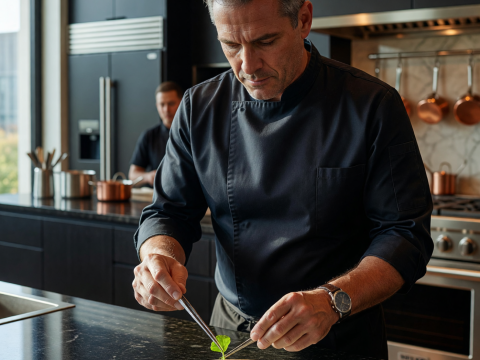 Chef Masterfully Plating Gourmet Dish in Modern Kitchen