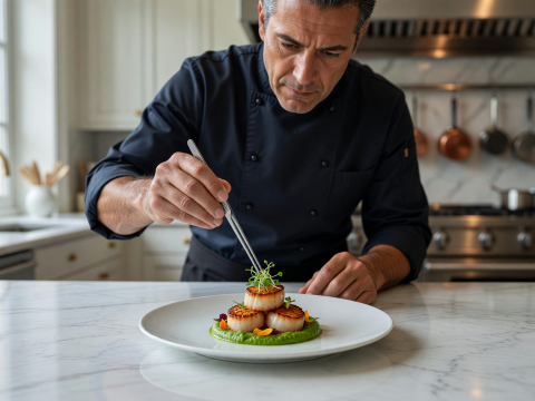 Chef Masterfully Plating Gourmet Scallops