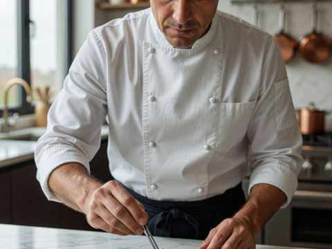 Chef Masterfully Plating Gourmet Scallops in Modern Kitchen