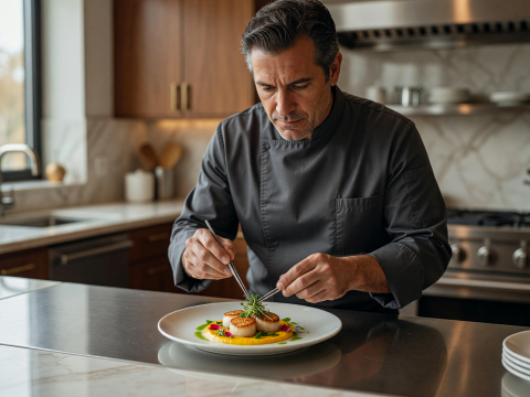Chef Perfecting Elegant Scallop Dish in Modern Kitchen