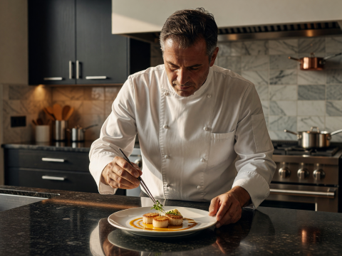 Chef Perfecting Gourmet Dish in Modern Kitchen