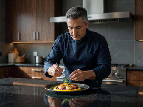 Chef Perfecting Gourmet Dish in Modern Kitchen