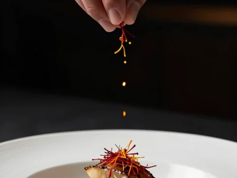 Chef Sprinkling Saffron on Gourmet Dish